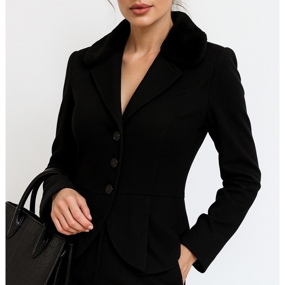 Hinge Black Peplum Blazer Faux Fur Collar Button Front Women's Size‎ S
